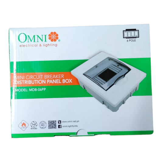 OMNI Electrical & Lighting mini circuit breaker distribution panel box, model MDB-06PP, shown in its retail packaging on a white background.
