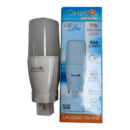 An Omni LED G20D 7W warm white light bulb next to its blue and white retail packaging box, displayed on a clean white background.