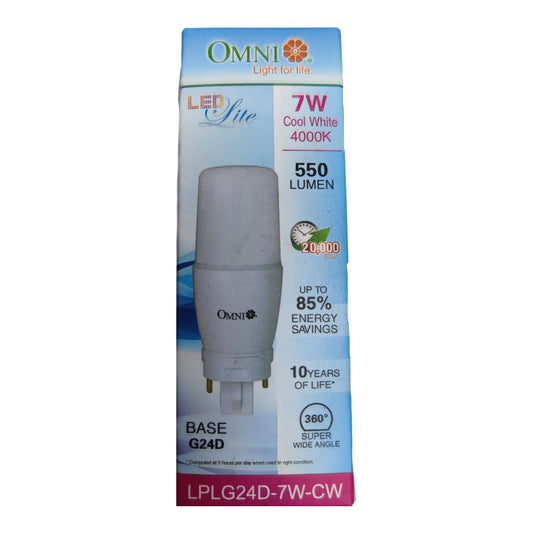 OMNI LED Light Life G24D LED bulb in its original retail packaging, featuring a cool white 7W LED bulb and product specifications on a white background.