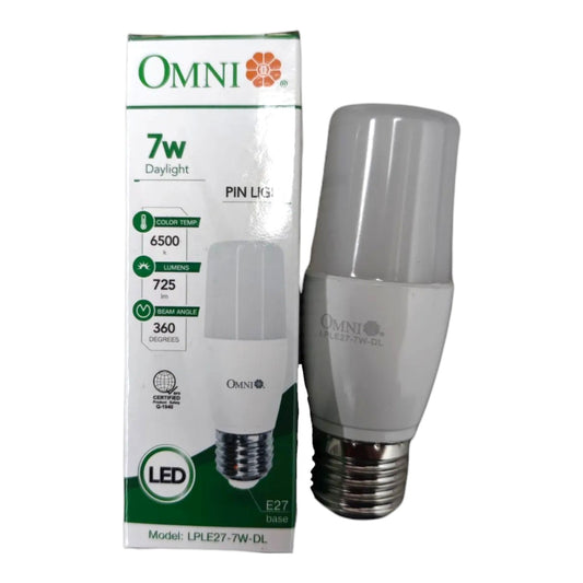 An Omni LED light bulb next to its original retail packaging box. The bulb has a frosted white plastic body and a silver E27 screw base, while the box is white and green with product specifications printed on it.
