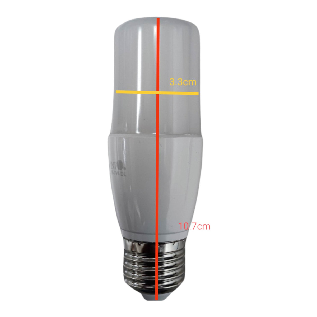 An LED light bulb with an E27 screw base, shown with red and yellow measurement lines indicating a height of 10.7cm and a diameter of 3.