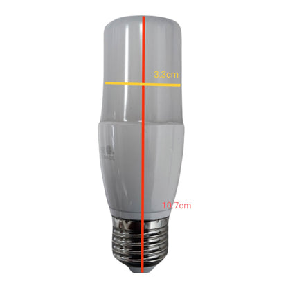 An LED light bulb with an E27 screw base, shown with red and yellow measurement lines indicating a height of 10.7cm and a diameter of 3.