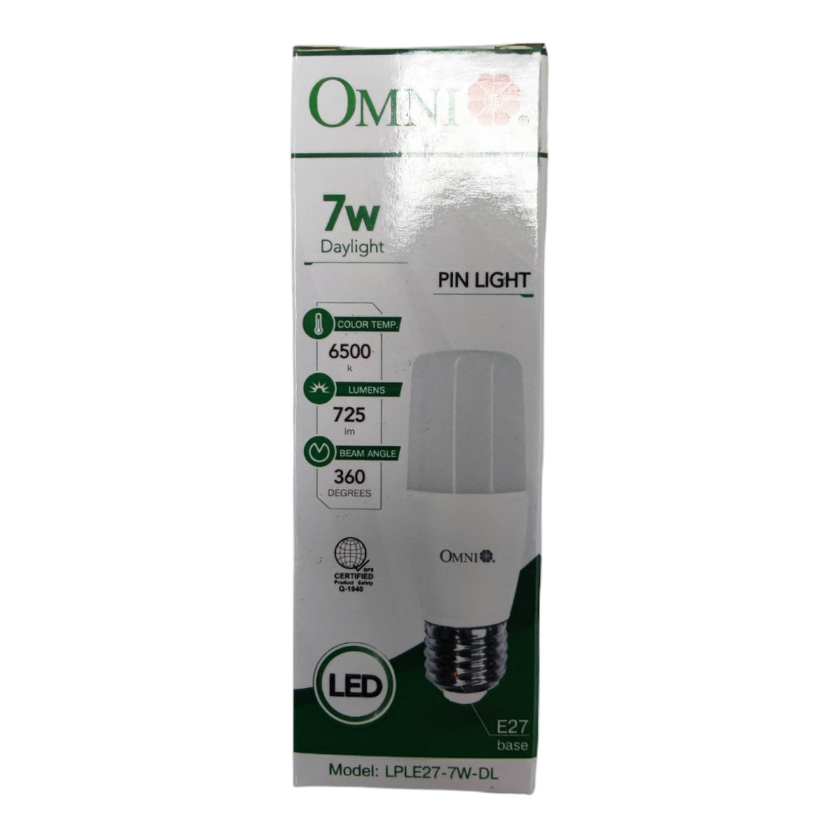 OMNI LED light bulb packaging box for a 7w Daylight Pin Light bulb, showing product specifications and a bulb graphic on a white background.