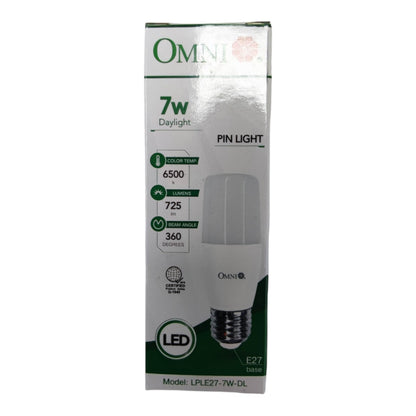 OMNI LED light bulb packaging box for a 7w Daylight Pin Light bulb, showing product specifications and a bulb graphic on a white background.