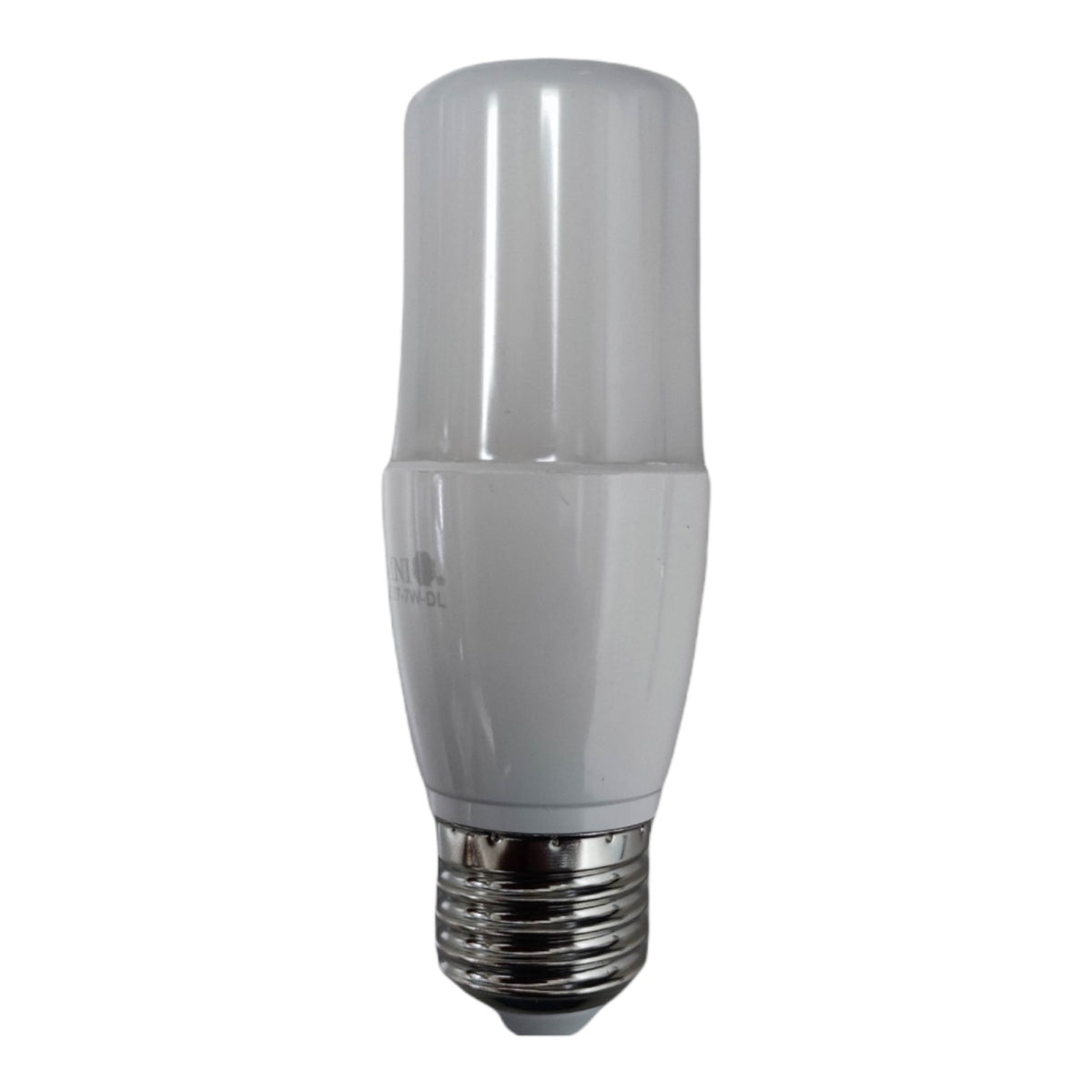 A compact fluorescent light (CFL) bulb with a frosted white glass body and a silver-colored metal screw base, shown against a plain white background.