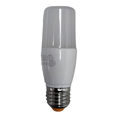 A compact fluorescent light bulb with a white plastic body and a silver screw base, shown against a plain white background.