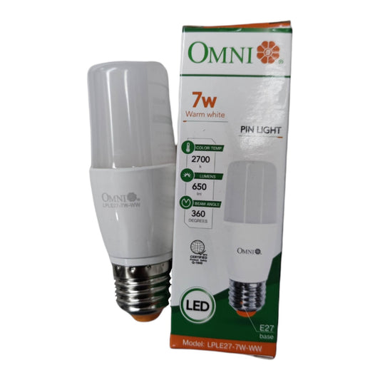 An Omni LED light bulb next to its retail packaging box, featuring a warm white 7W E27 pin light with a clear frosted cap and a silver metal screw base.