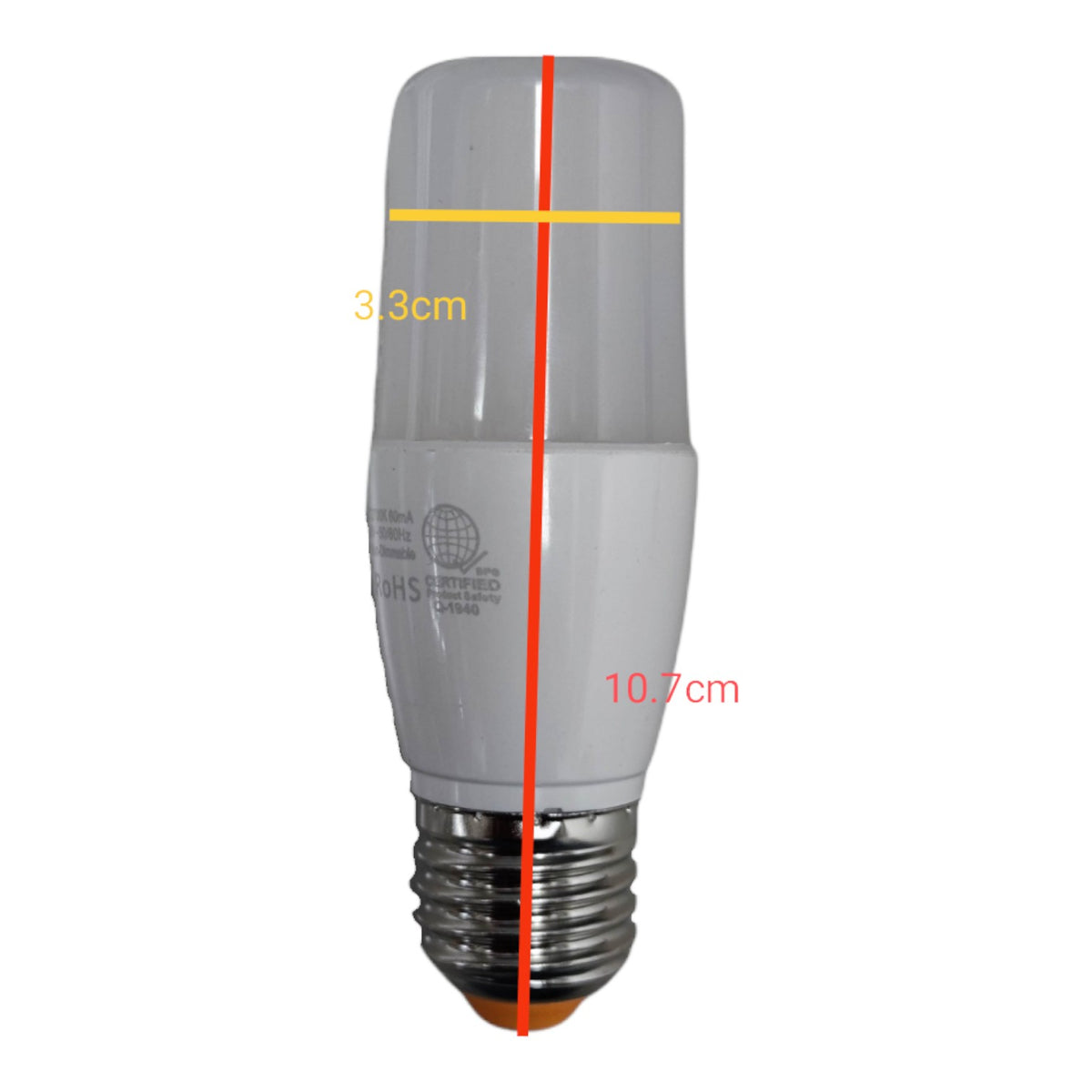A white LED light bulb with a silver screw base, overlaid with yellow and red dimension lines showing a width of 3.3cm and a height of 10.
