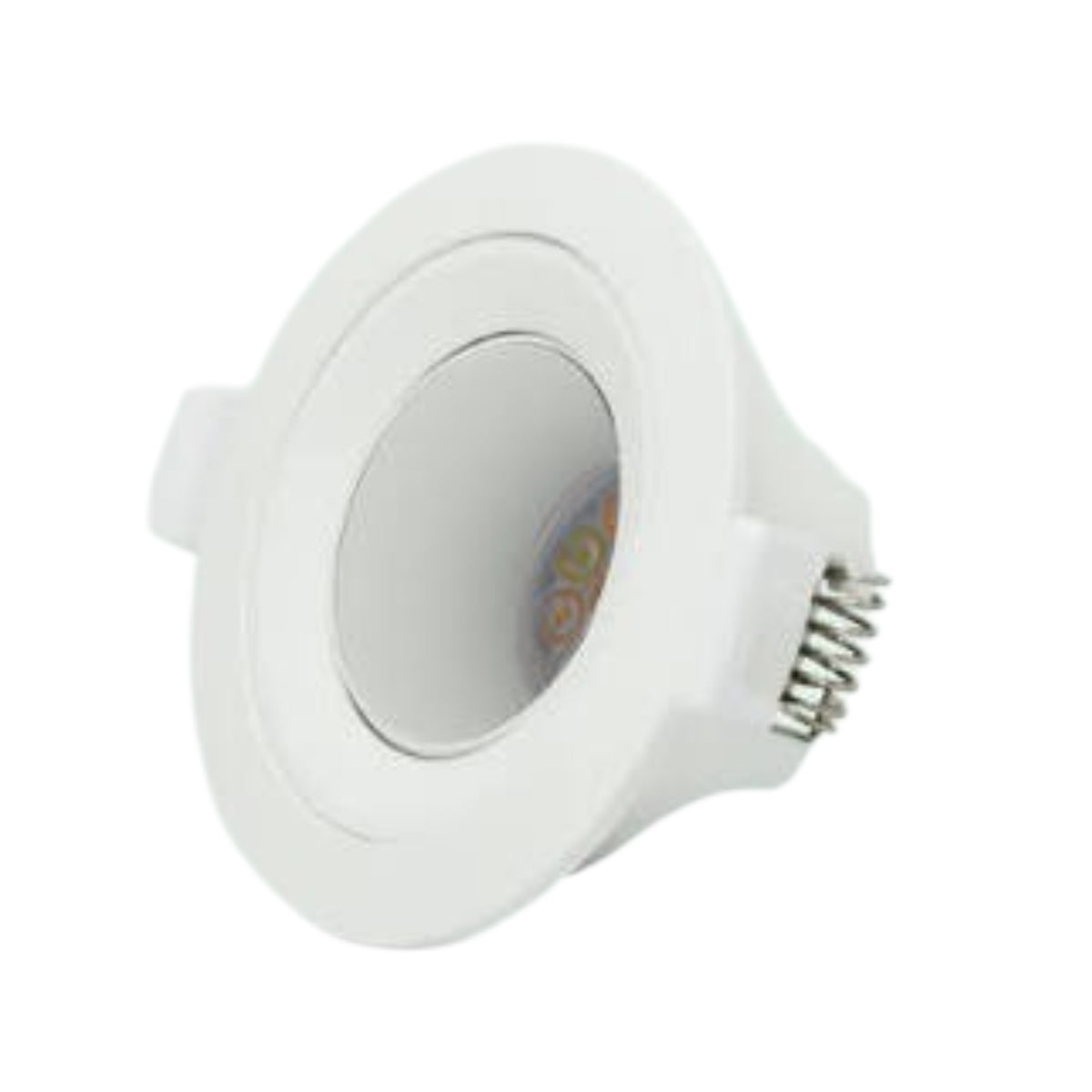 A white recessed LED downlight fixture with a circular face, a visible internal LED chip, and a spring-loaded metal terminal on the side, shown against a plain white background.