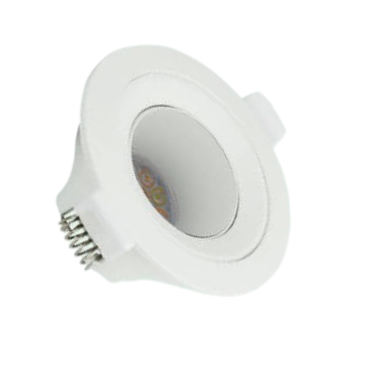 A white recessed LED downlight with a circular mounting base and visible metal pins on the side, shown against a plain white background.