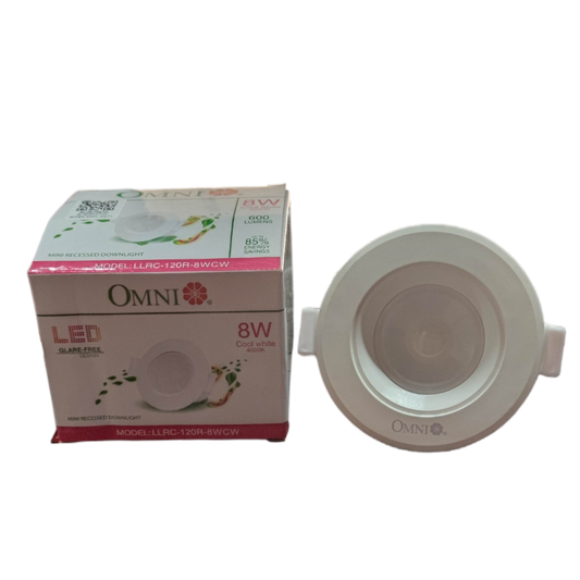 Omni 8W LED Down Light 4000K ceiling light with white round design and packaging box
