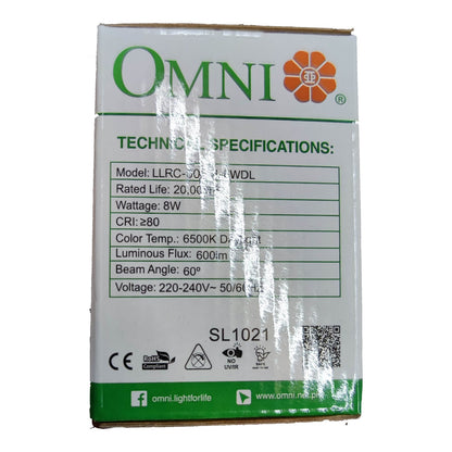 Omni branded packaging with technical specifications on a white background