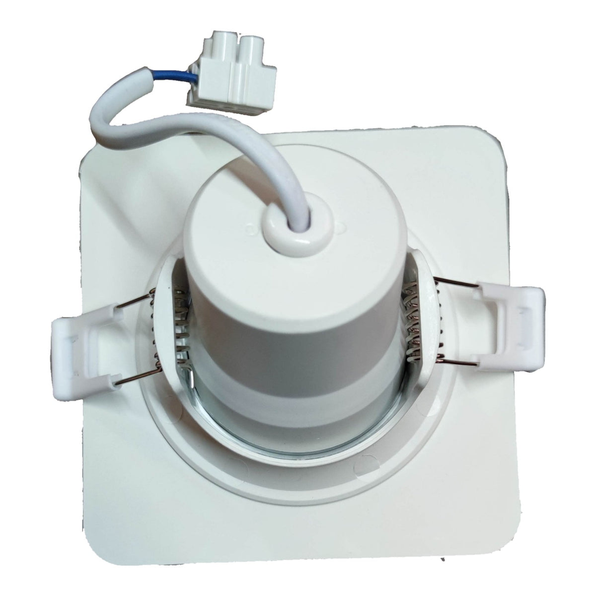 White ceiling fan motor assembly on a white background