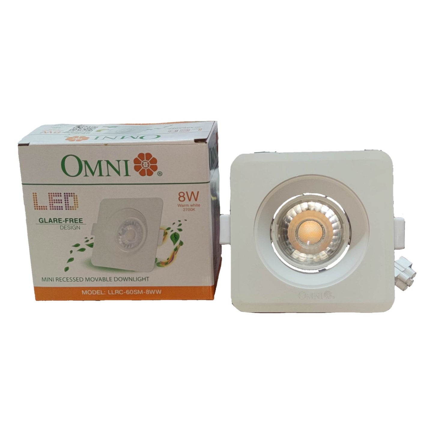 White recessed light fixture with Omni branded packaging on a white background