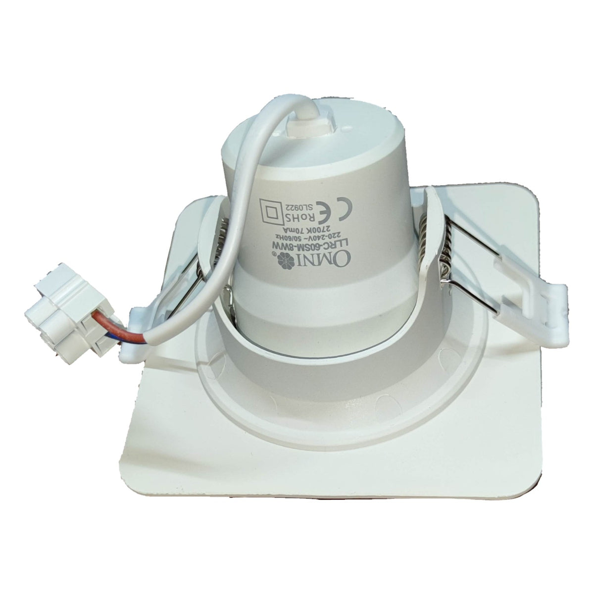 White ceiling light fixture with visible branding on a white background