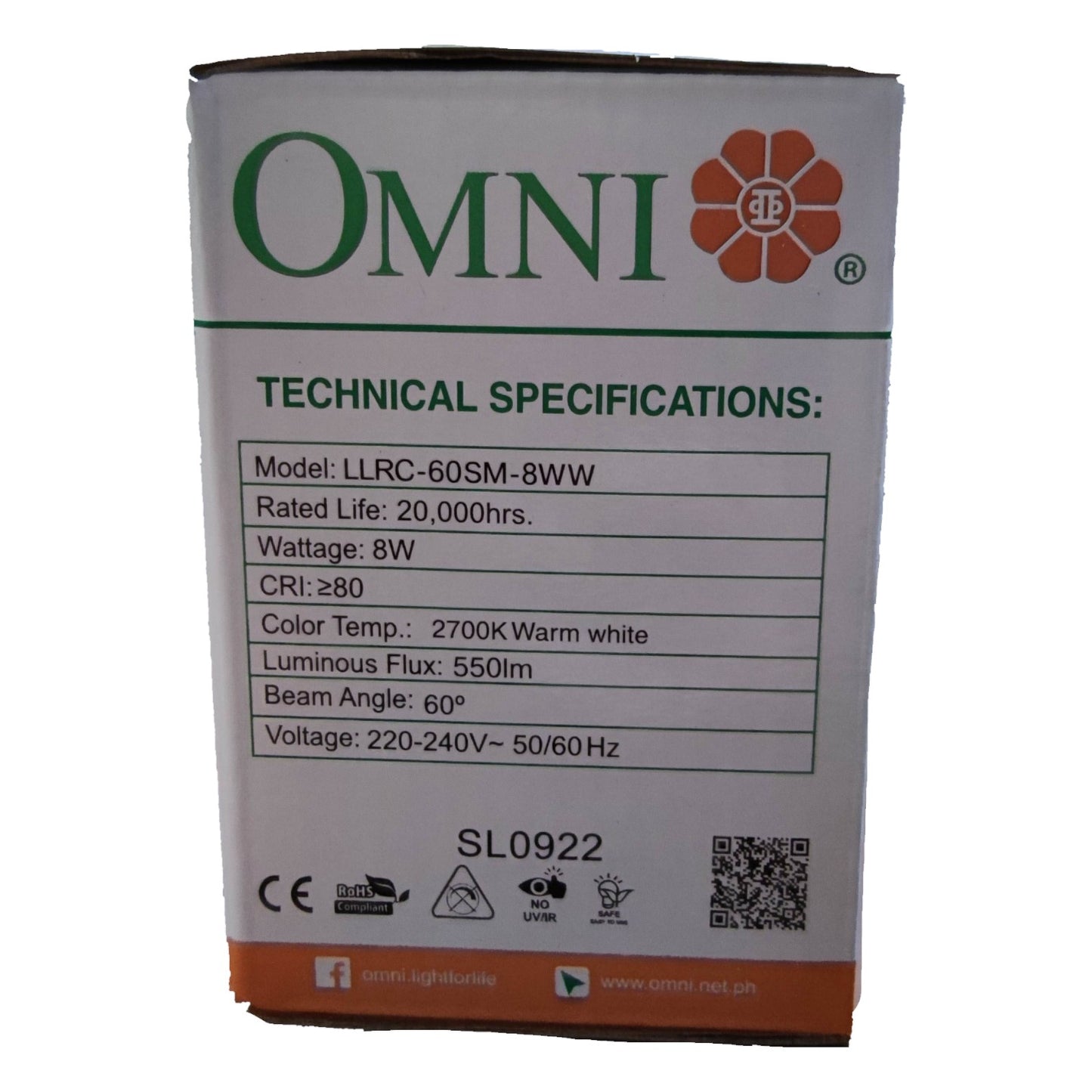 OMNI product packaging with technical specifications on a white background
