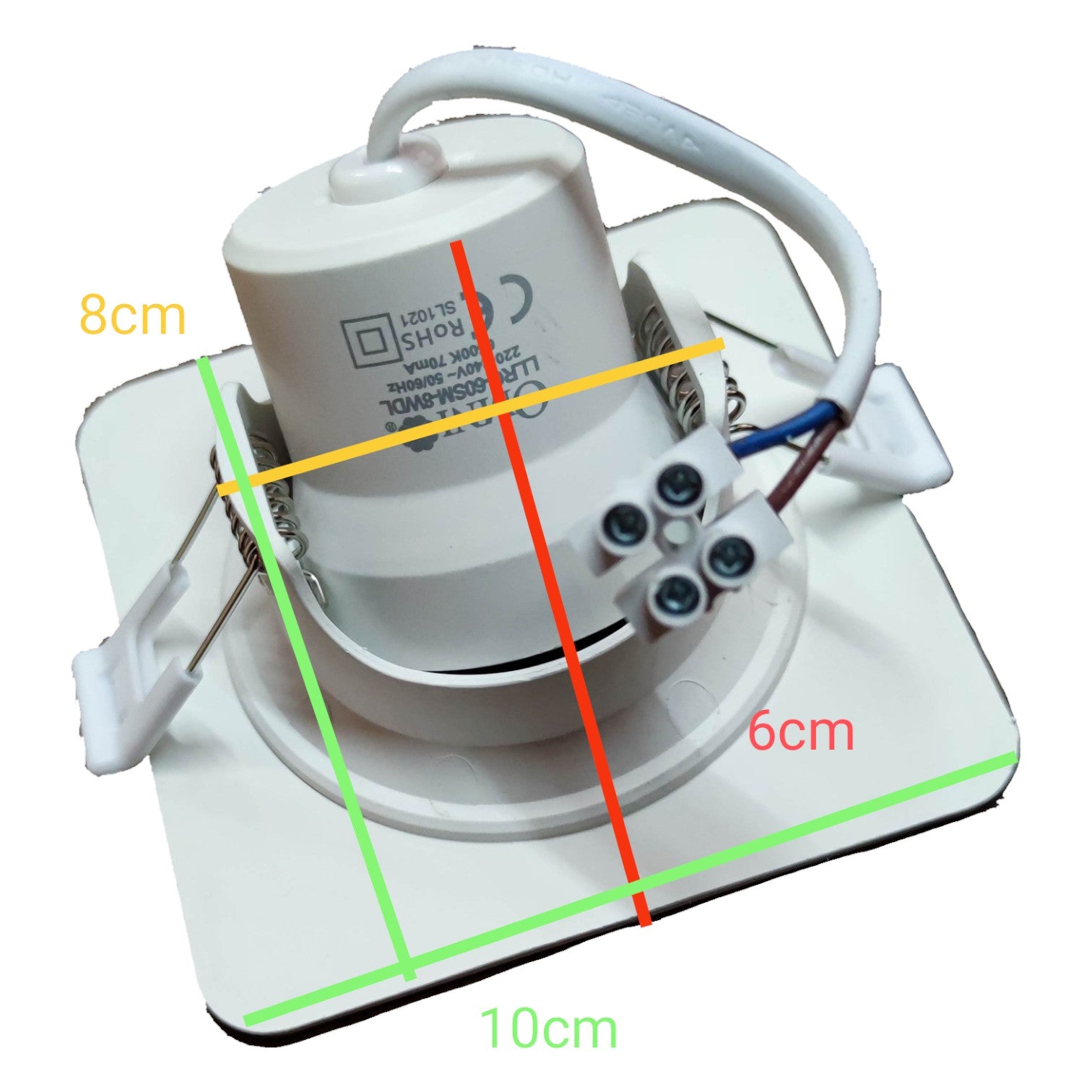 Light fixture with measurements marked on a white background