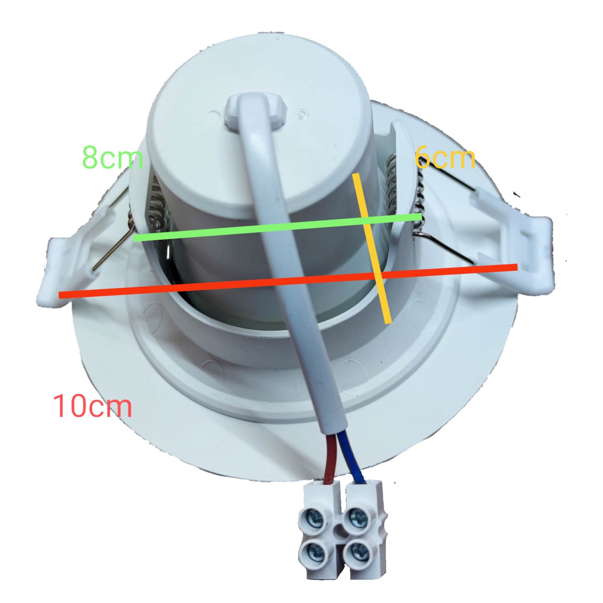 White electrical component with labeled measurements on a white background