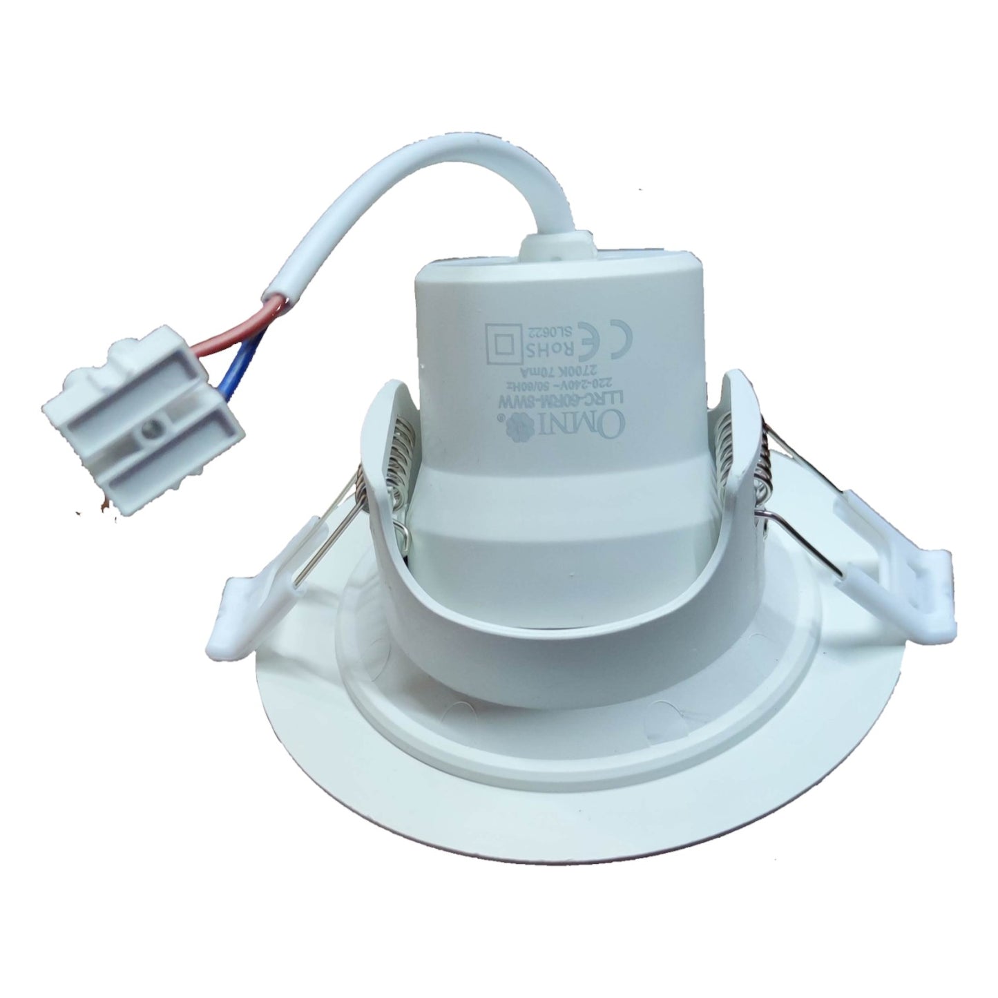 White LED light bulb with base and wiring on a white background