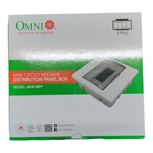 Boxed product for an Omni Electrical & Lighting Mini Circuit Breaker Distribution Panel Box, model MDB-08PP, shown on a plain white background.
