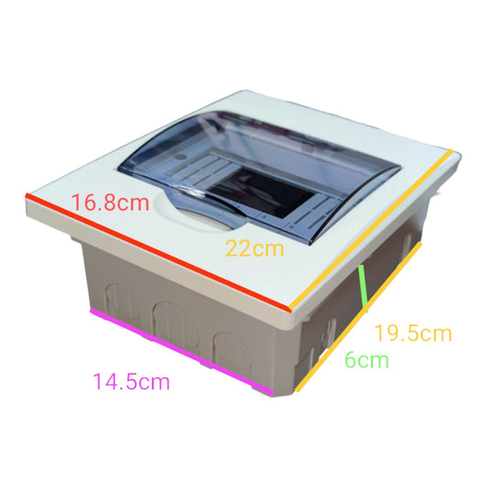 A 3D rendering of a square electrical outlet or switch box with colored dimension lines and labels showing measurements in centimeters.