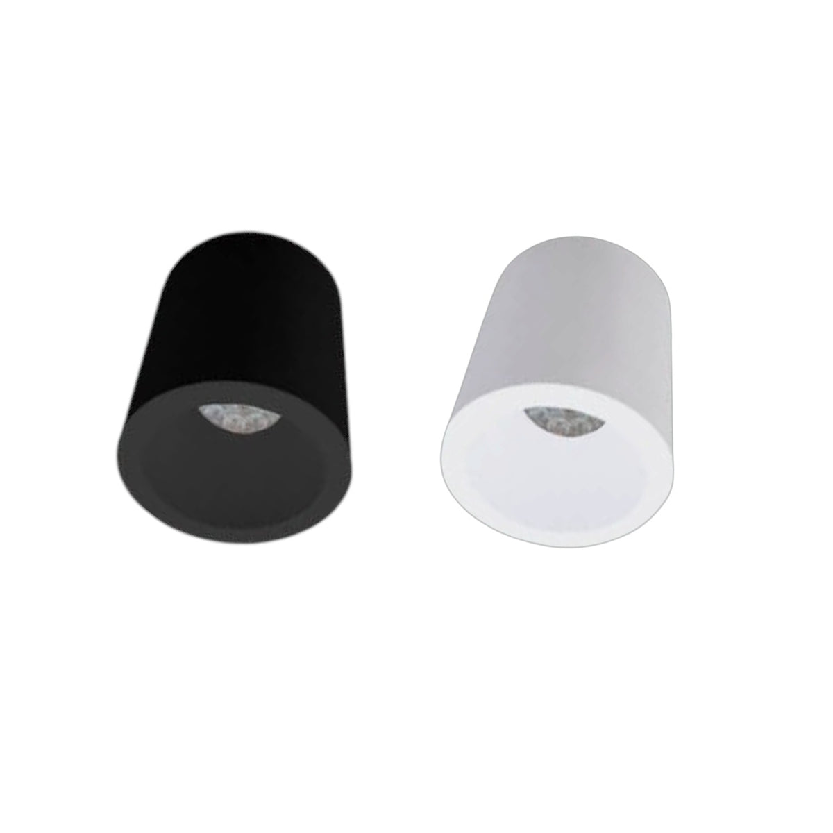 Two modern cylindrical LED downlights shown side by side on a plain white background, one in matte black and one in white.