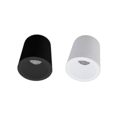 Two modern cylindrical LED downlights shown side by side on a plain white background, one in matte black and one in white.