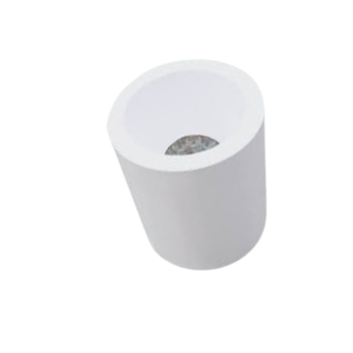 A white cylindrical plastic or ceramic container with an open top, showing a textured gray interior lining, isolated on a white background.