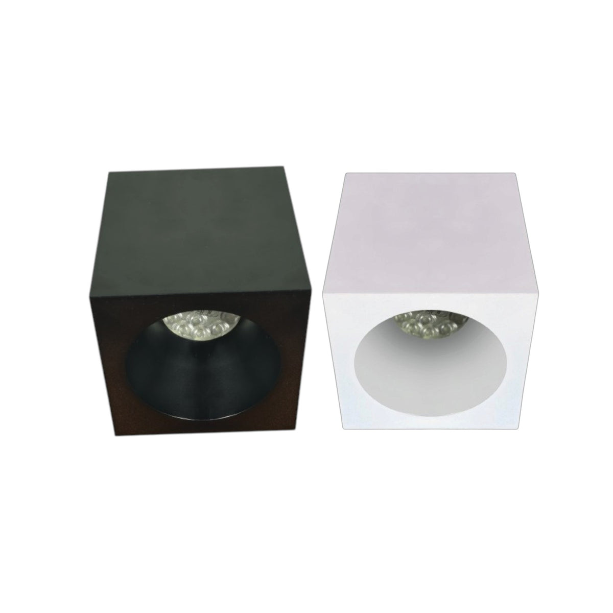 Two modern square recessed LED light fixtures shown side by side on a plain white background. The left fixture has a matte black exterior, and the right fixture has a white exterior.