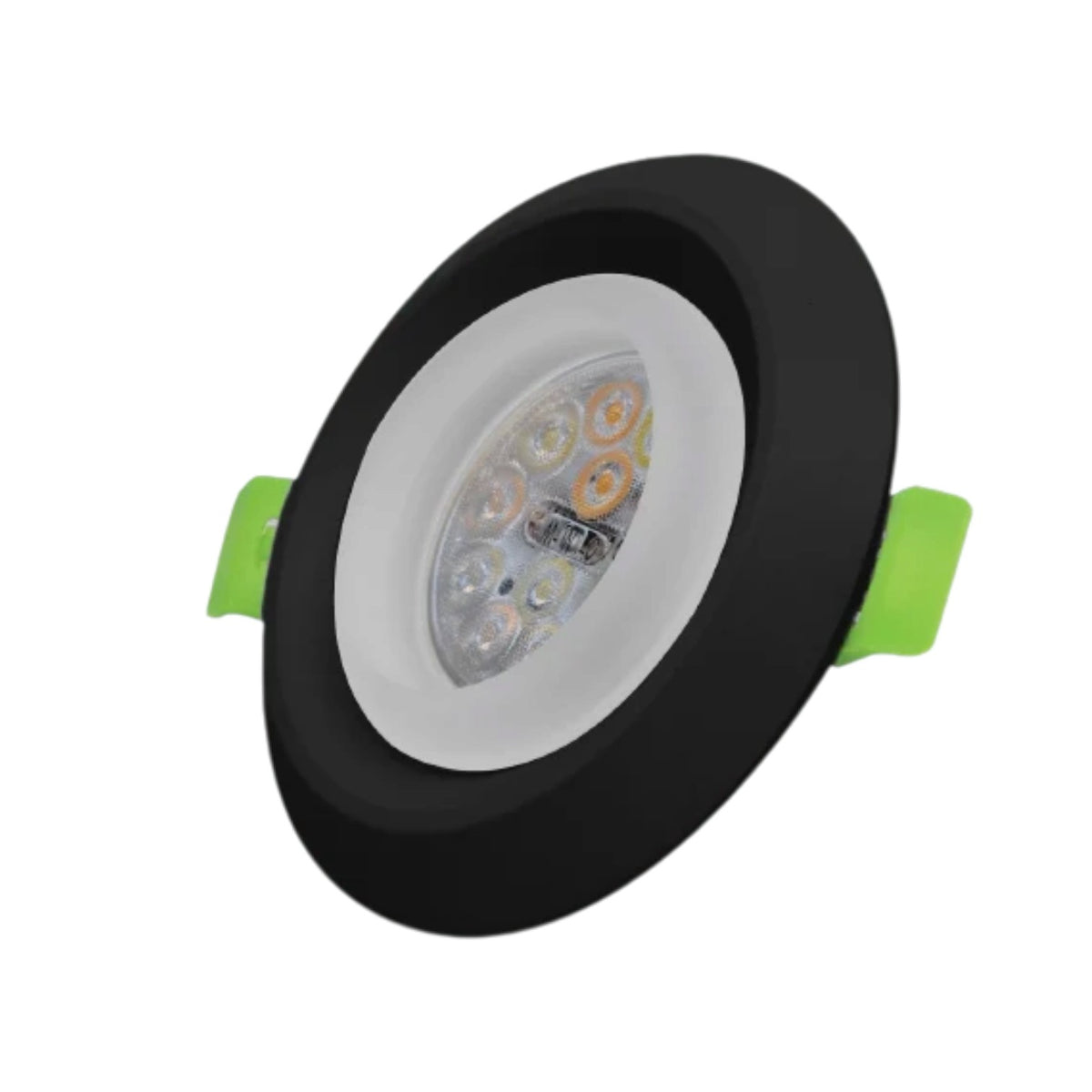 A recessed LED ceiling light with a black circular frame, white diffuser, and bright green side brackets, shown on a plain white background.
