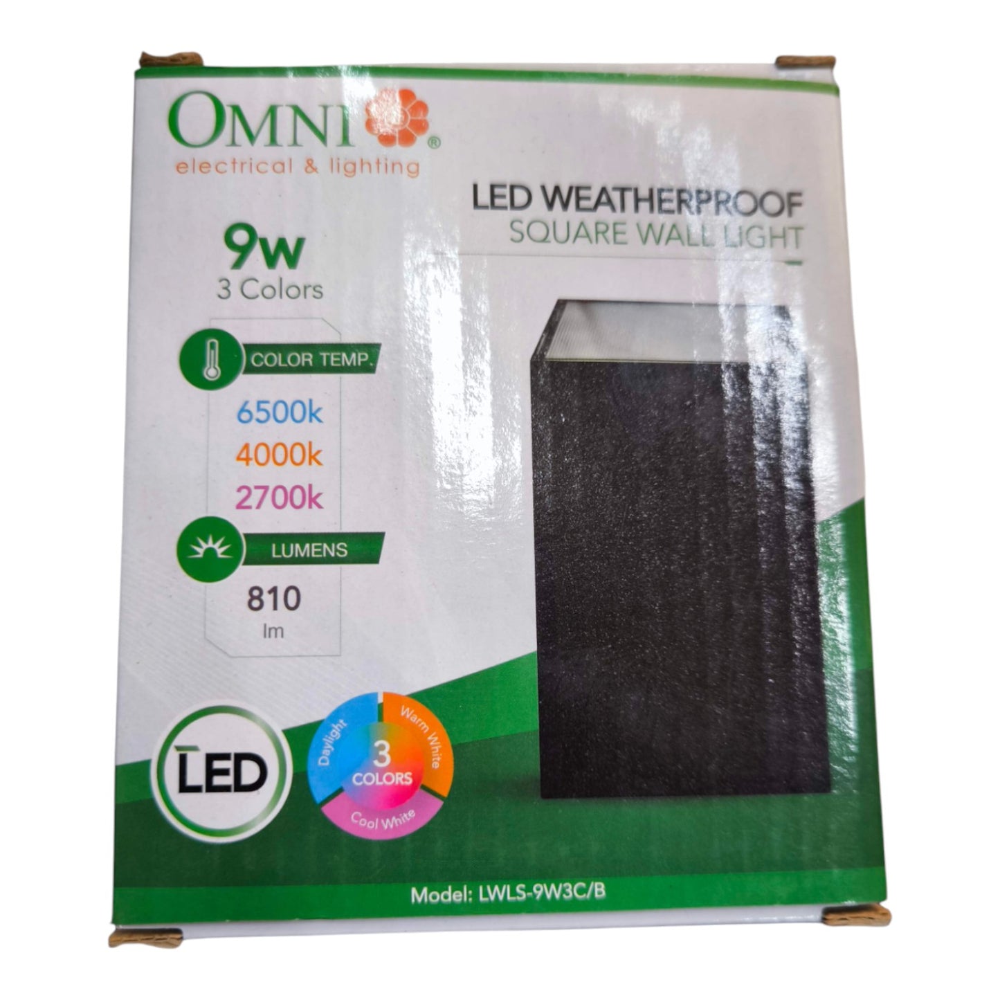OMNI Electrical & Lighting LWLS-9W3C/B LED Weatherproof Square Wall Light retail packaging box, showing a black square light fixture graphic and product specifications.
