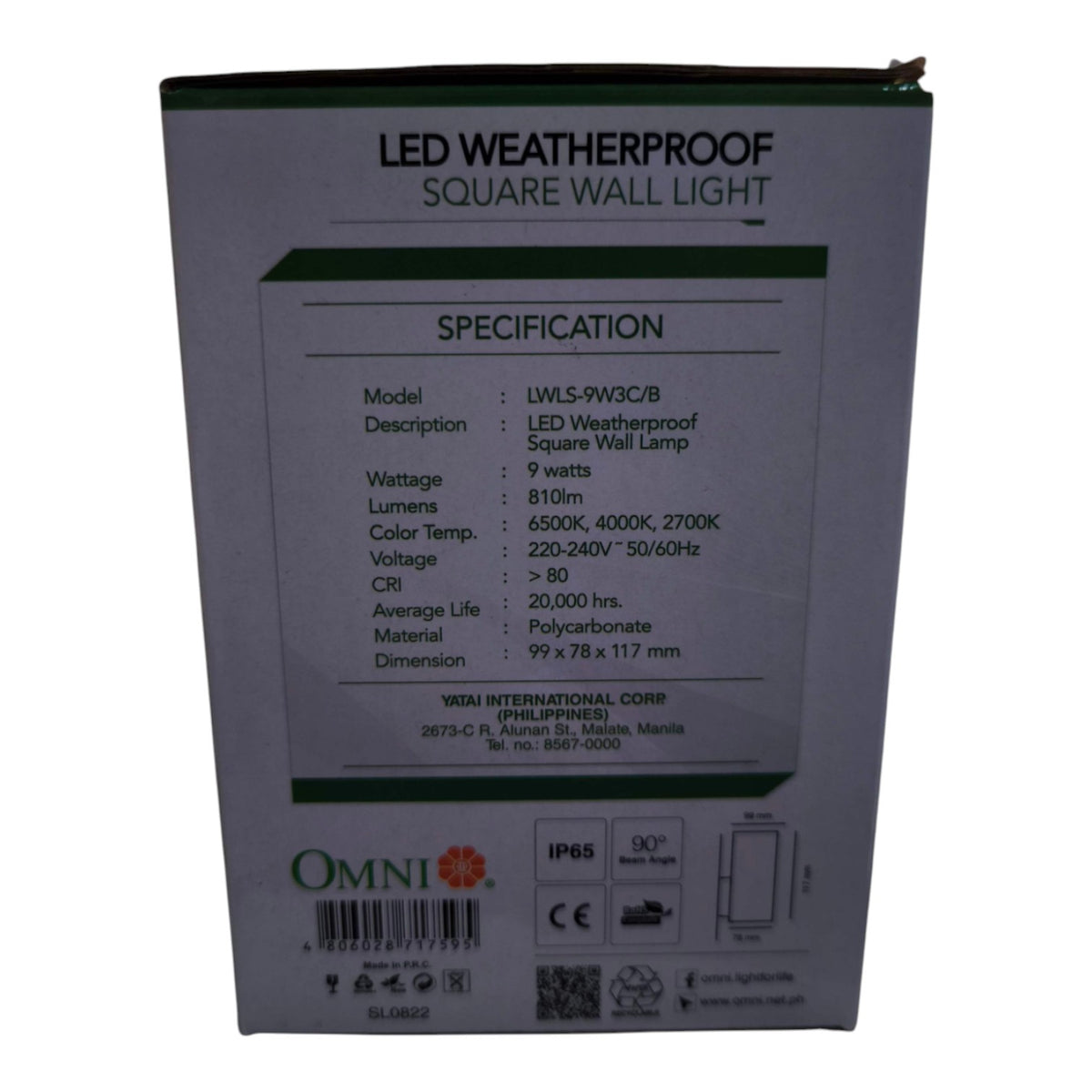 The back of the retail packaging box for an Omni LED Weatherproof Square Wall Lamp, displaying technical specifications, a barcode, and product details on a white background.