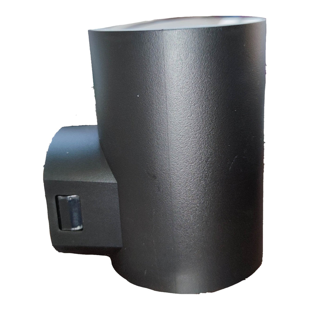 A matte black cylindrical wall sconce with a side-mounted power switch, shown against a plain white background.