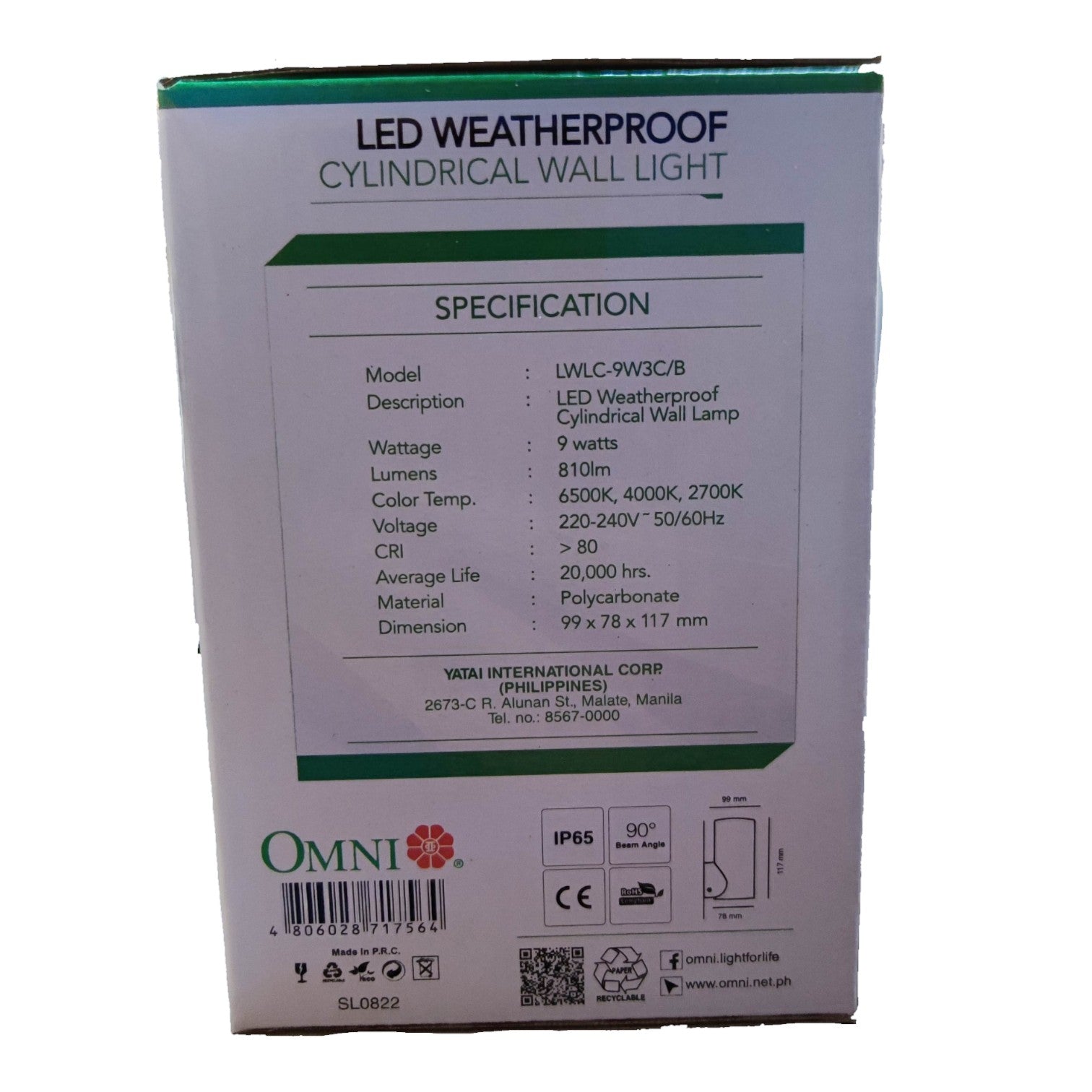 The back of the packaging box for an Omni LED Weatherproof Cylindrical Wall Light, displaying product specifications, model LW-C-9W3C/B, and contact details on a white background.