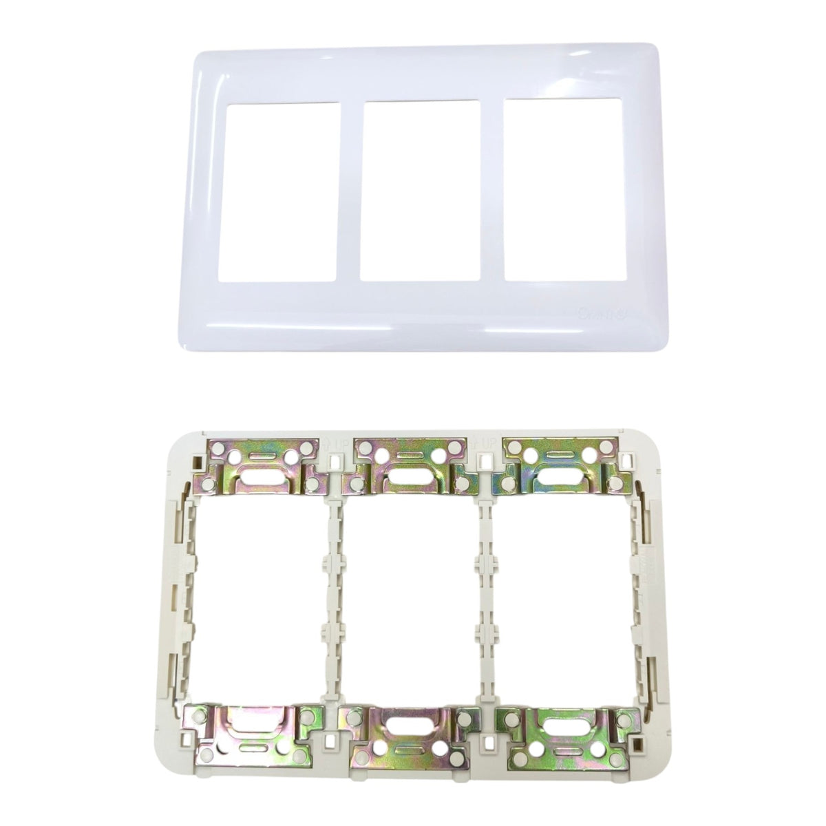 A white three-gang wall switch plate kit shown in two pieces: the top is the glossy white faceplate, and the bottom is the white backplate with metal mounting clips visible inside.