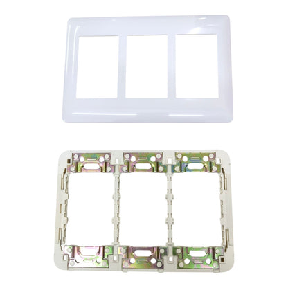 A white three-gang wall switch plate kit shown in two pieces: the top is the glossy white faceplate, and the bottom is the white backplate with metal mounting clips visible inside.