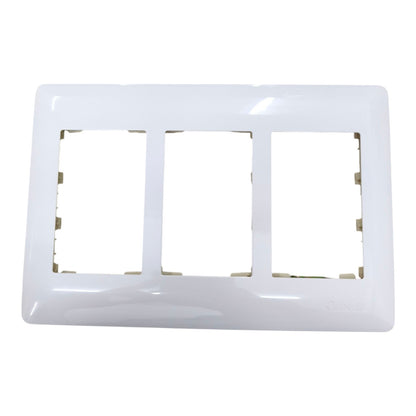 A glossy white three-gang light switch plate cover, shown from a top-down angle on a clean white background.