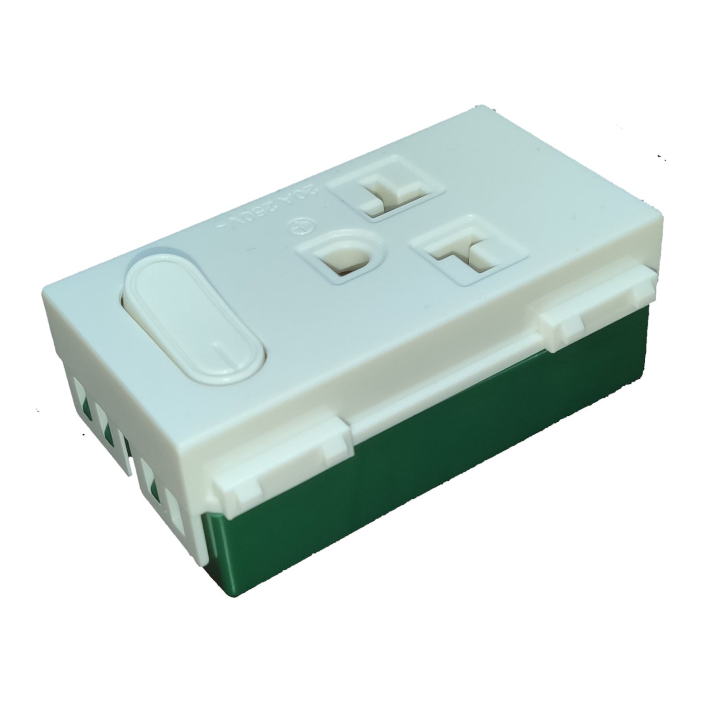A plastic dual outlet power strip with a white top and a dark green bottom, featuring a single oval-shaped switch on the front.