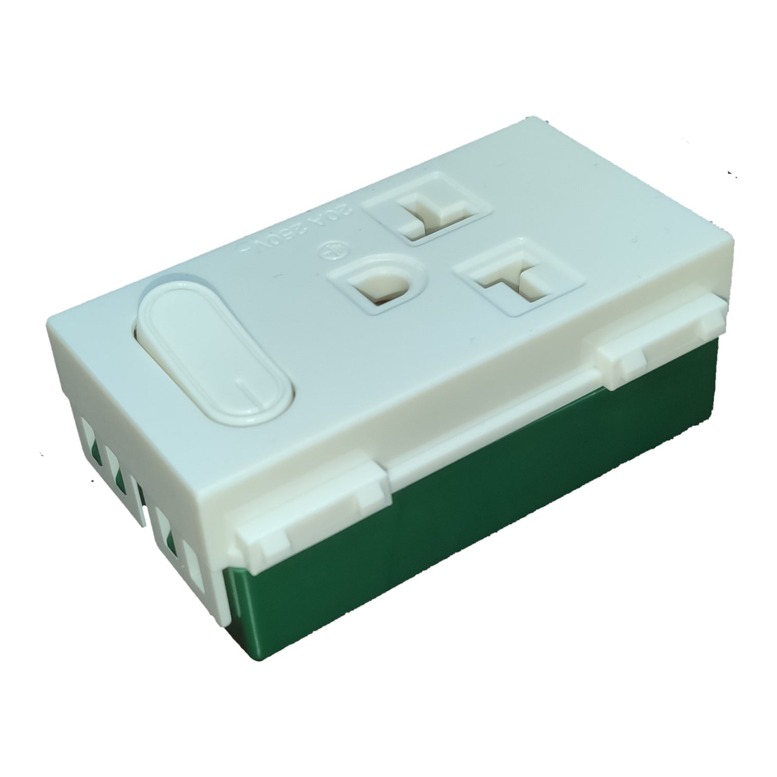 A plastic dual outlet power strip with a white top and a dark green bottom, featuring a single oval-shaped switch on the front.