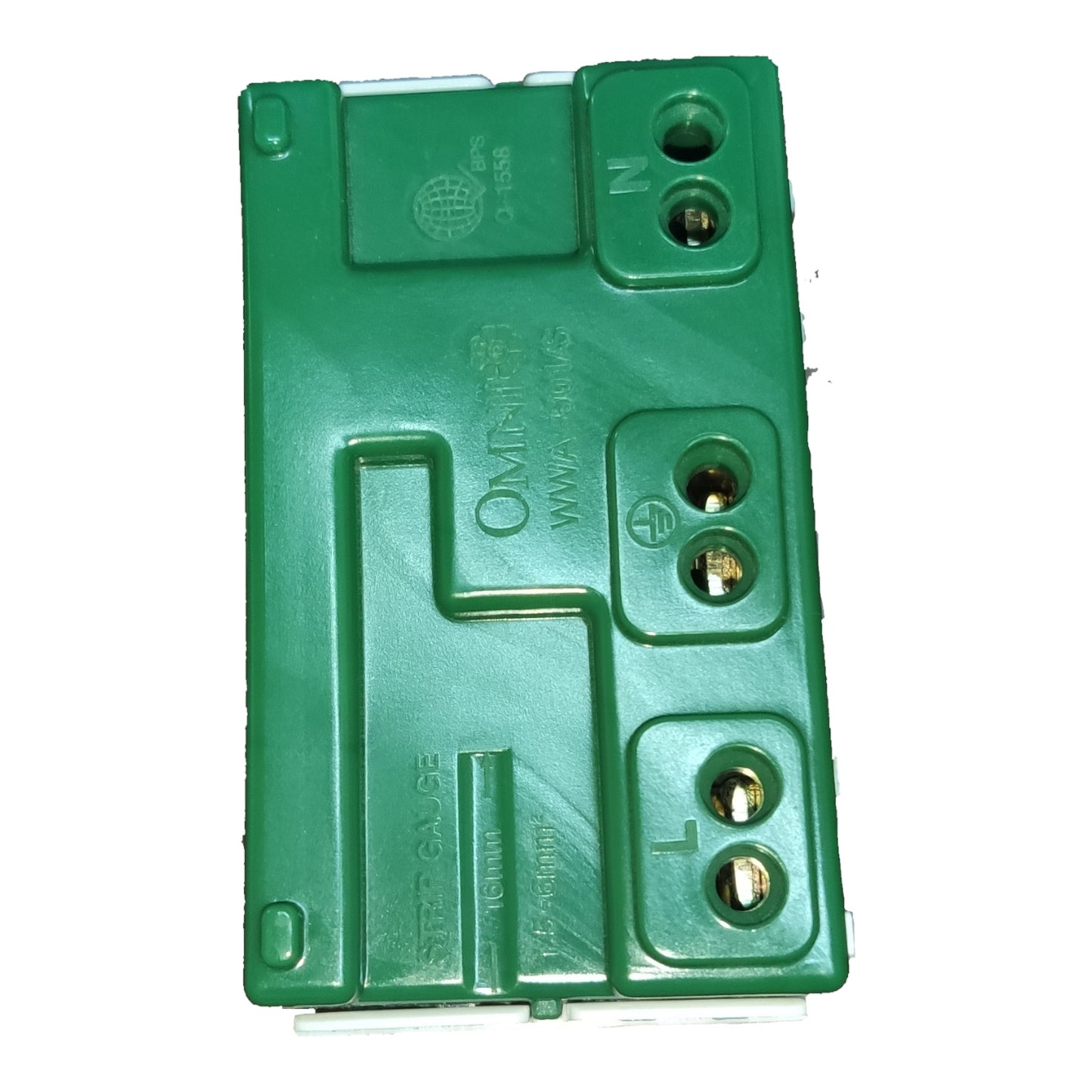 A green plastic electrical terminal block with screw terminals labeled N, L, and G, featuring embossed branding and technical specifications.