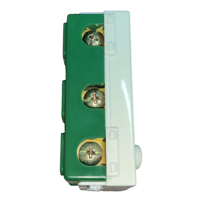A three-pin electrical terminal block connector with a green plastic housing, white plastic cover, and three screw terminals, shown on a plain white background.