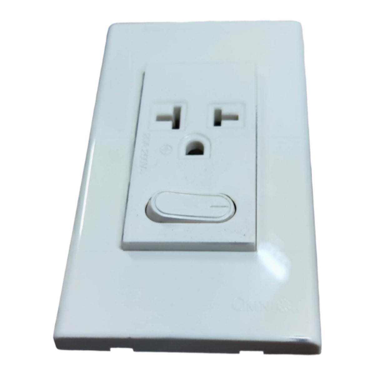 A white wall-mounted electrical outlet with a single toggle switch, shown against a plain white background.