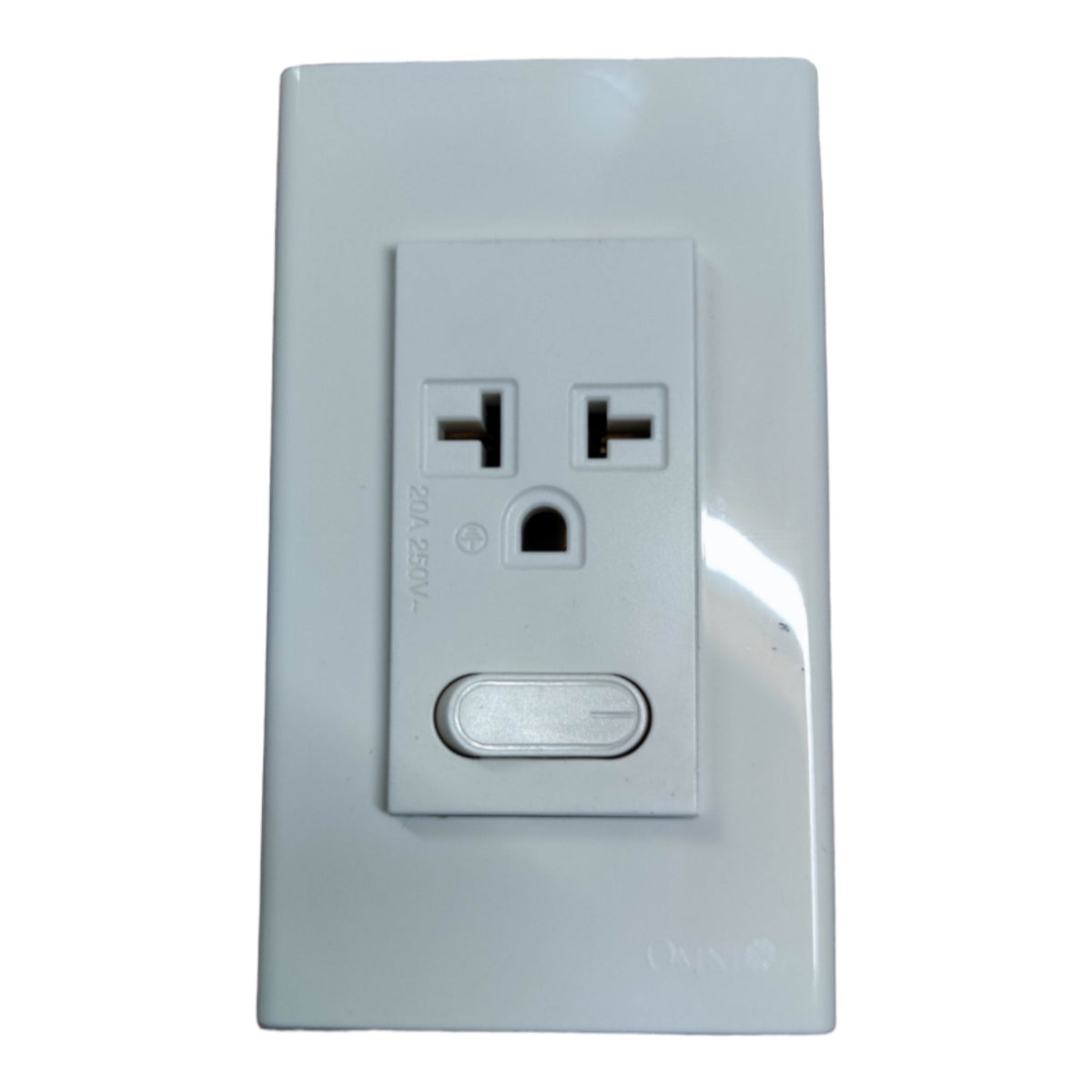 A white plastic wall outlet cover plate with a built-in two-pin socket and a single-pole switch, shown against a plain white background.
