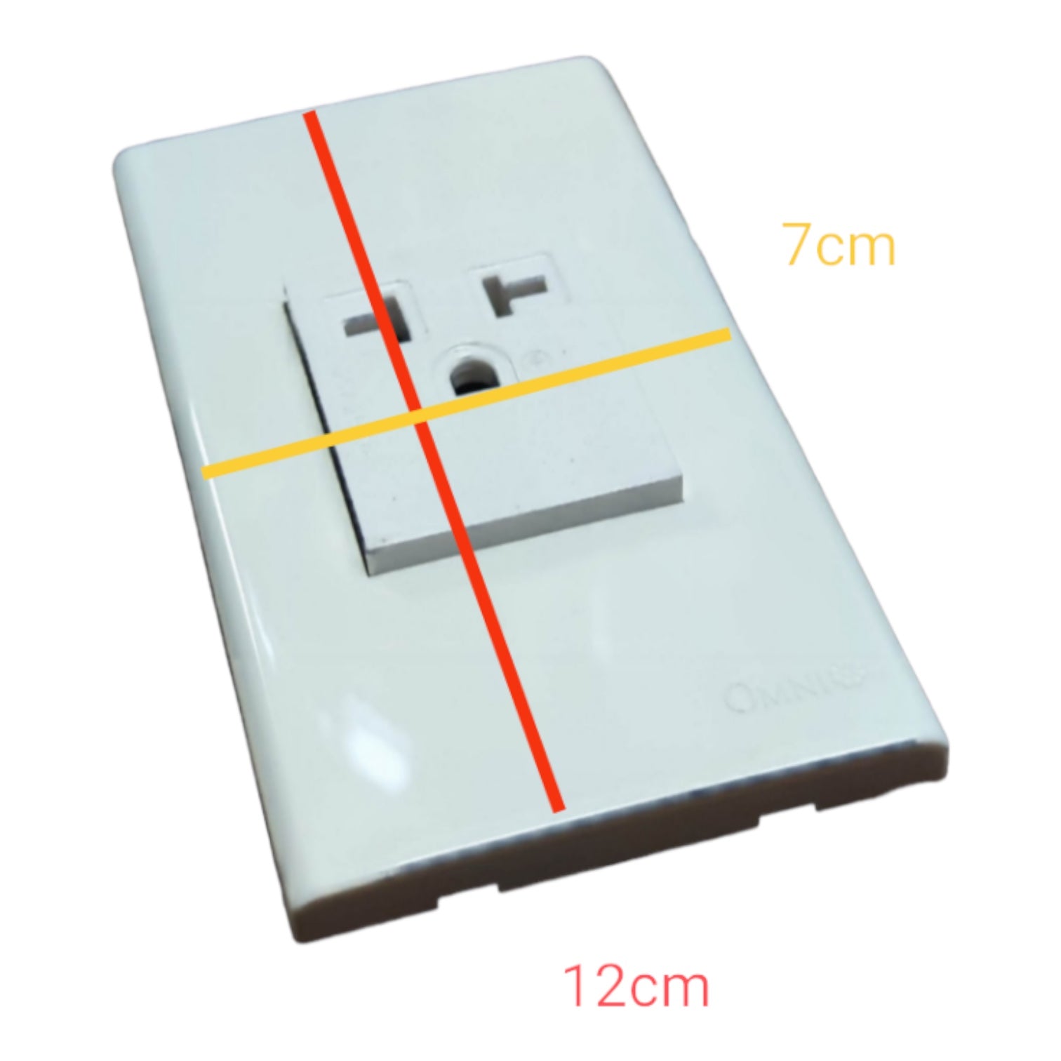 White wall outlet cover plate shown on a light gray background with overlaid dimension lines and text indicating 12cm width, 7cm height, and a center red measurement line.