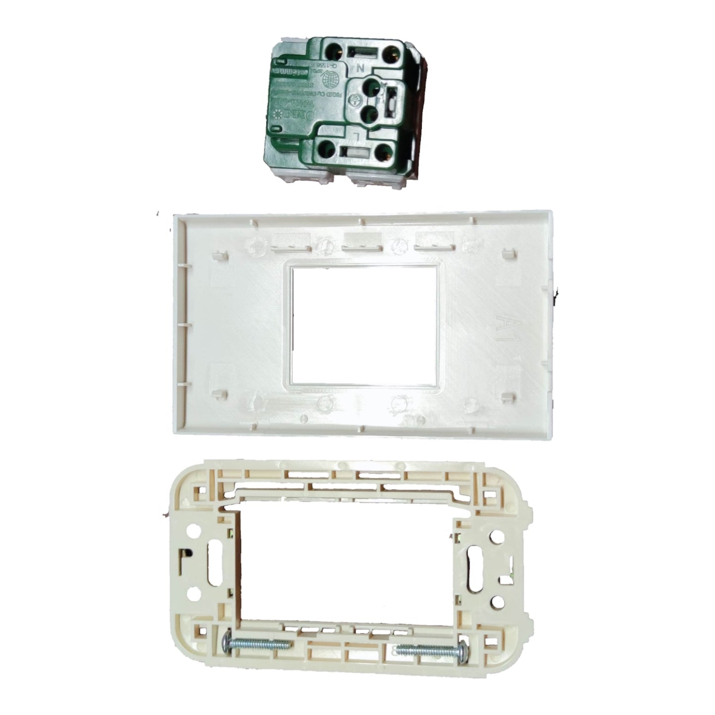 A set of white plastic electrical wall switch panel components, including a top cover plate, a backplate, and a mounting bracket with screws, shown on a plain white background.