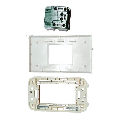 A set of white plastic electrical wall switch panel components, including a top cover plate, a backplate, and a mounting bracket with screws, shown on a plain white background.