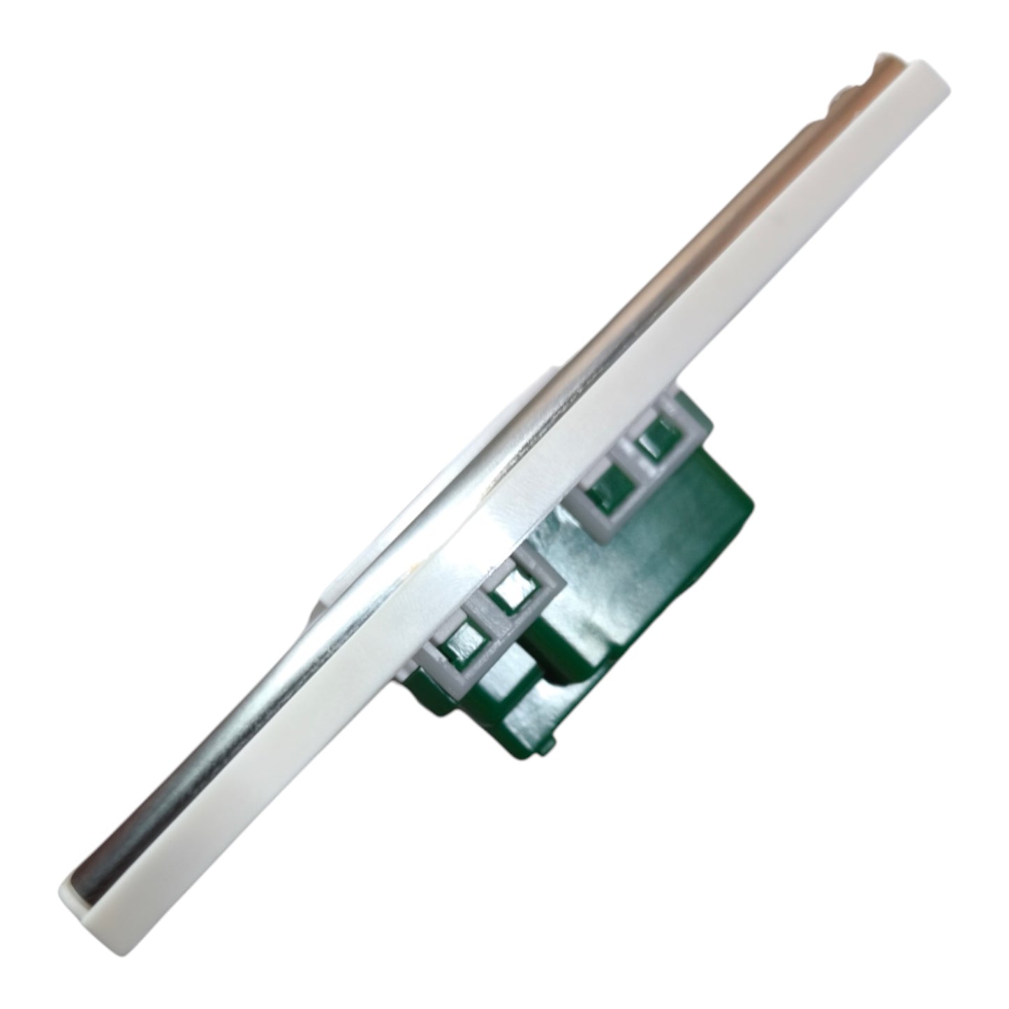 A close-up of a white rectangular electronic component with a green connector base and silver metal contacts, shown on a plain white background.