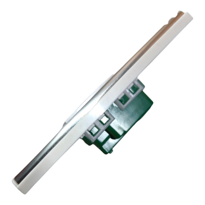 A close-up of a white rectangular electronic component with a green connector base and silver metal contacts, shown on a plain white background.