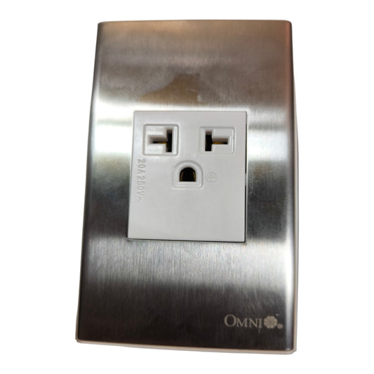 A brushed stainless steel electrical outlet cover plate with a white two-hole outlet insert and the Omni logo printed at the bottom right.