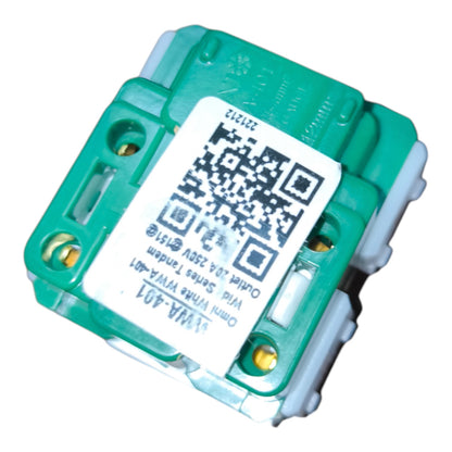 A green electrical terminal block connector with a white label featuring a QR code and text, isolated on a white background.